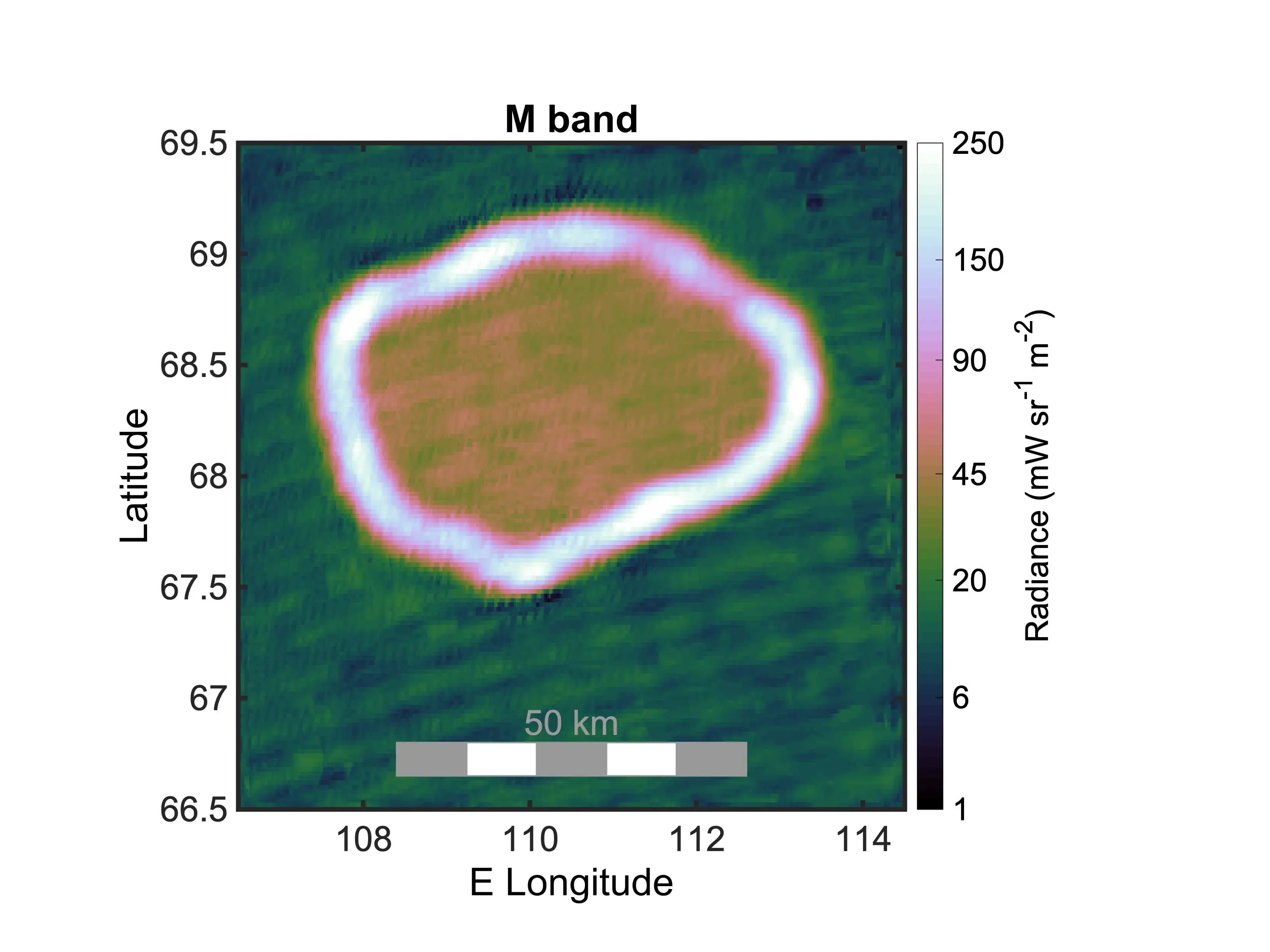 2023年10月15日，朱诺号上的红外线数据显示了木卫一的熔岩湖Chors Patera位置图像。研究团队认为，该熔岩湖的大部分被厚厚的熔融地壳覆盖，湖边缘有一个热环，意谓木卫一内部的熔岩直接暴露在太空中。(NASA/JPL-Caltech/SwRI/ASI/INAF/JIRAM/MSSS)