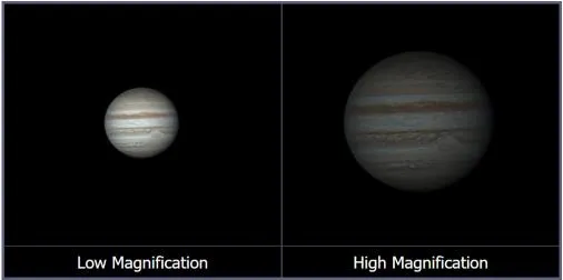 低倍率和高倍率下木星影像的对比