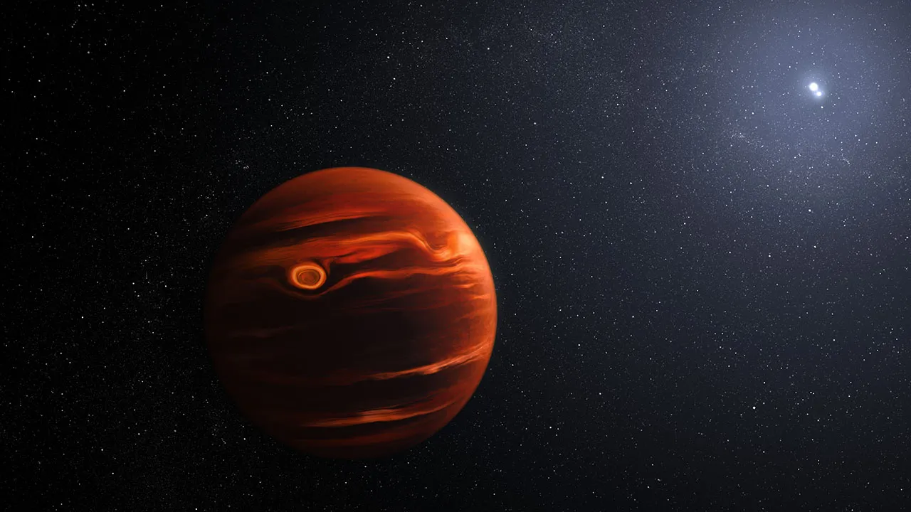 艺术家绘制的VHS 1256 b与两颗母恒星的想像图，有着高温大气与沙尘暴的行星表面。Artist's impression of VVHS 1256 b, with its swirling cloudy atmosphere and two suns. (NASA, ESA, CSA, J. Olmsted/STScI)
