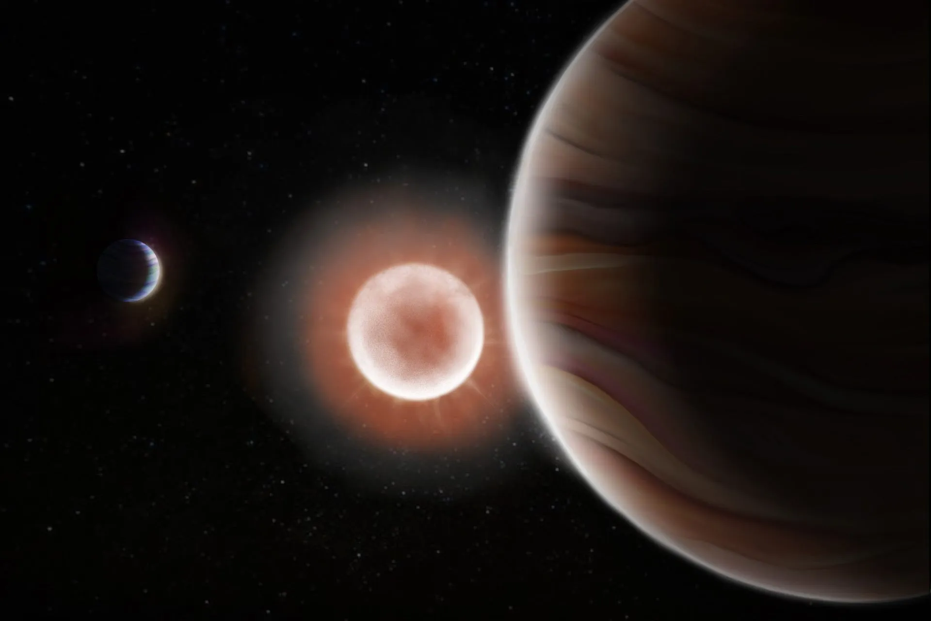 艺术家对TOI-4600系统中两颗系外行星及其母星的想像。An artist’s rendition of the two exoplanets and their parent star in the TOI-4600 system. Image credit: Tedi Vick.