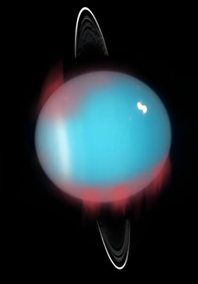 天王星上红外线极光出现位置的视觉化。Visualization of where the infrared aurora appears on Uranus. (NASA, ESA and M. Showalter/SETI Institute; University of Leicester)