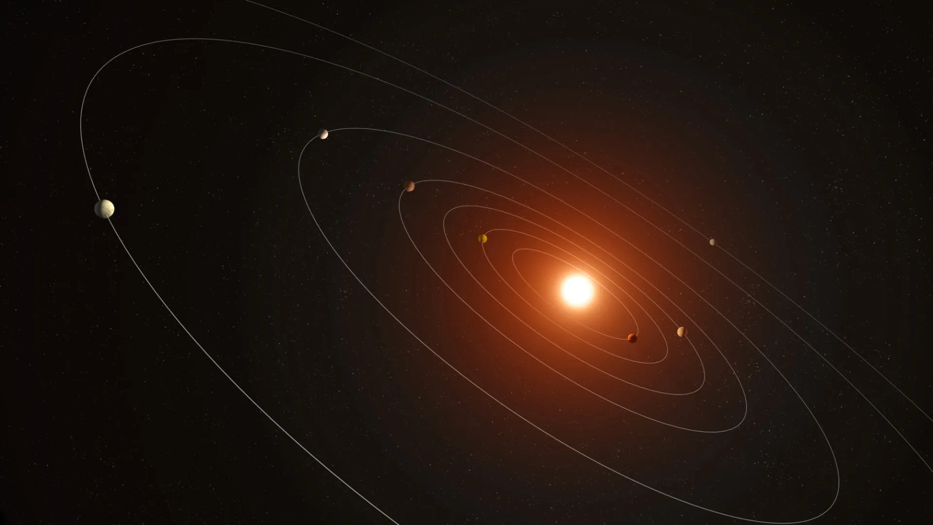 艺术家对Kepler-385的想像。An artist’s concept of Kepler-385, the seven-planet system revealed in a new catalog of planet candidates discovered by NASA’s Kepler space telescope. Image credit: NASA / Daniel Rutter.