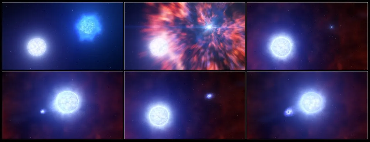 这是一幅艺术家手中SN 2022jli系统的超新星爆炸后的画面。大质量恒星爆炸成超新星后，留下一个致密的物体—中子星或黑洞。伴星在爆炸中幸存，致密天体和它的伴星继续互相绕行，致密天体定期从伴星的氢气大气层中吸取物质。这些物质的增加在研究人员的数据中表现为亮度的定期波动，以及氢气的周期性运动和伽马射线的爆发。This artist’s impression shows the process by which a massive star within a binary system becomes a supernova. This series of events occurred in the supernova SN 2022jli, and was revealed to researchers through observations with ESO’s Very Large Telescope (VLT) and New Technology Telescope (NTT). After a massive star exploded as a supernova, it left behind a compact object — a neutron star or a black hole. The companion star survived the explosion, but its atmosphere became puffier as a result. The compact object and its companion star continued to orbit one another, with the compact object regularly stealing matter from the other’s puffy atmosphere. This accretion of matter was seen in the researchers’ data as regular fluctuations of brightness, as well as periodic movements of hydrogen gas. Credit: ESO/L. Calçada