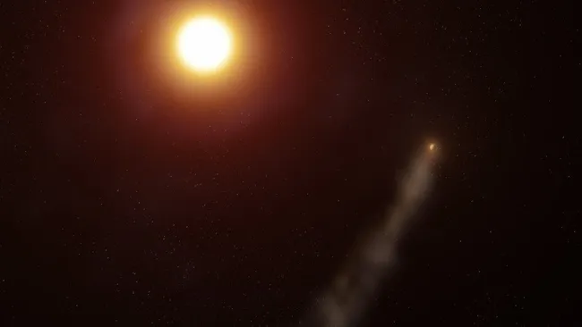 WASP-69b的尾巴示意图。The strange alien planet WASP-69b is trailing a huge comet-like tail 350,000 miles long as its atmosphere is blown off by its parent star. (Image credit: Adam Makarenko/W. M. Keck Observatory)