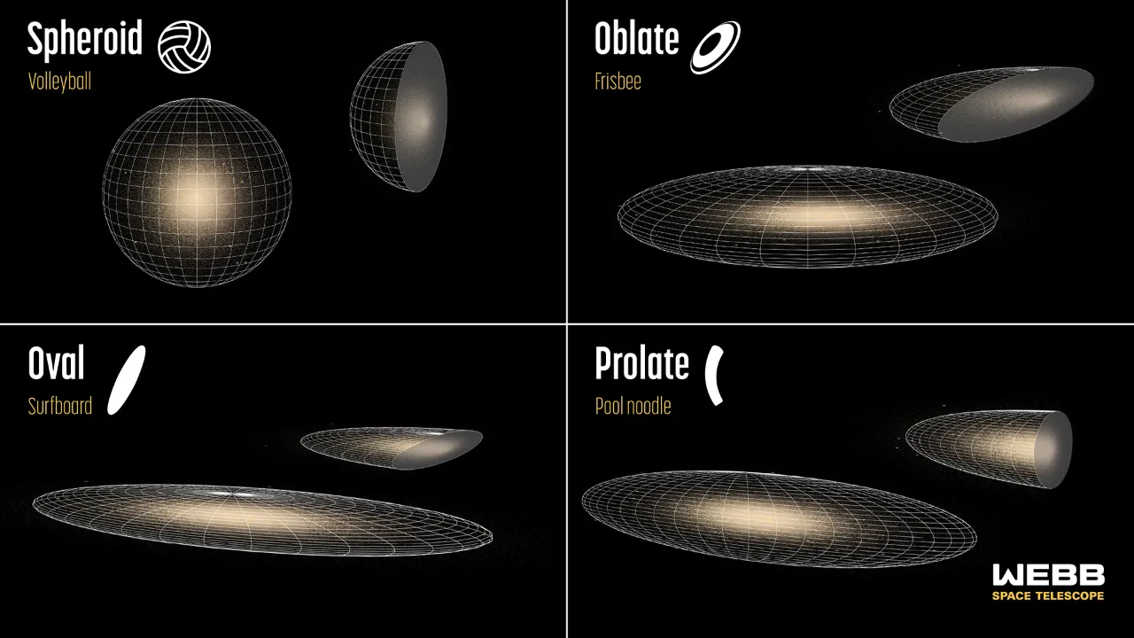 根据韦伯太空望远镜资料而绘製的星系3D图。有些星系呈像排球的球状（左上）、有的呈像飞盘扁球状（右上）、有些呈像冲浪板的长椭球状（左下）、有的则呈面条一样的细长形（右下）。