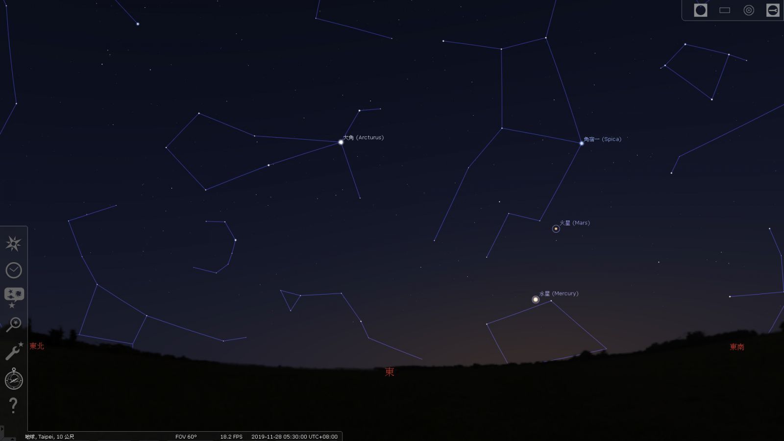 2019/11/28凌晨5:30水星西大距时所在位置示意图。