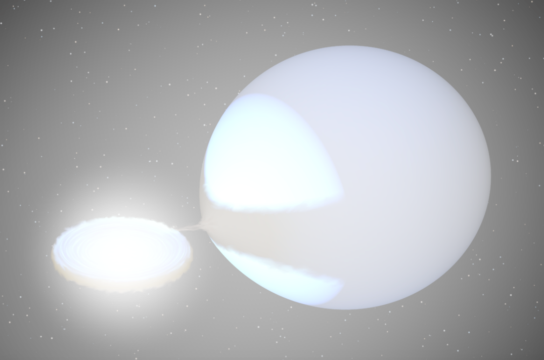 艺术家绘制的天箭座V的想像图，左为吸积中的白矮星。