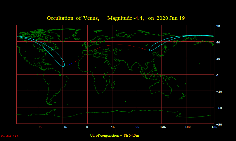 2020/6/19 月掩金星见掩范围，虚线内为白天。