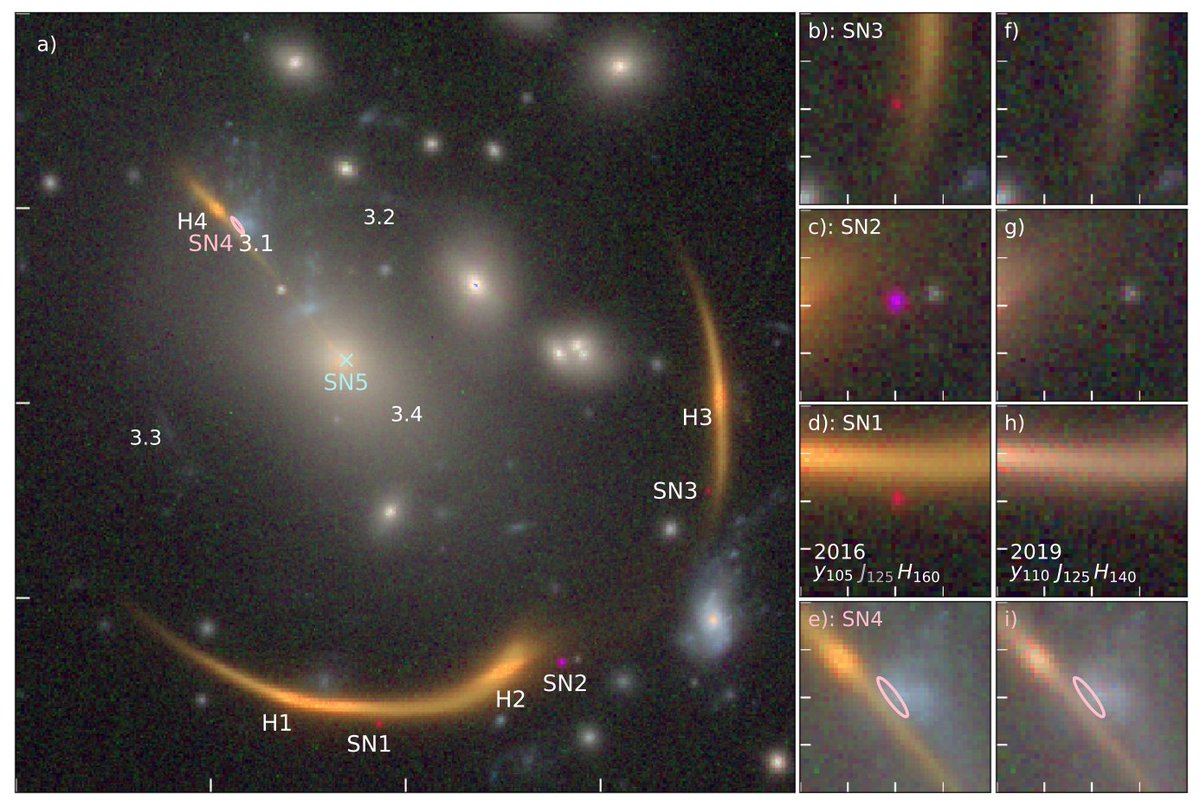 MRG-M0138的四重影像，图中SN1~4（SN4尚未发生）为同一颗超新星AT2016jka。