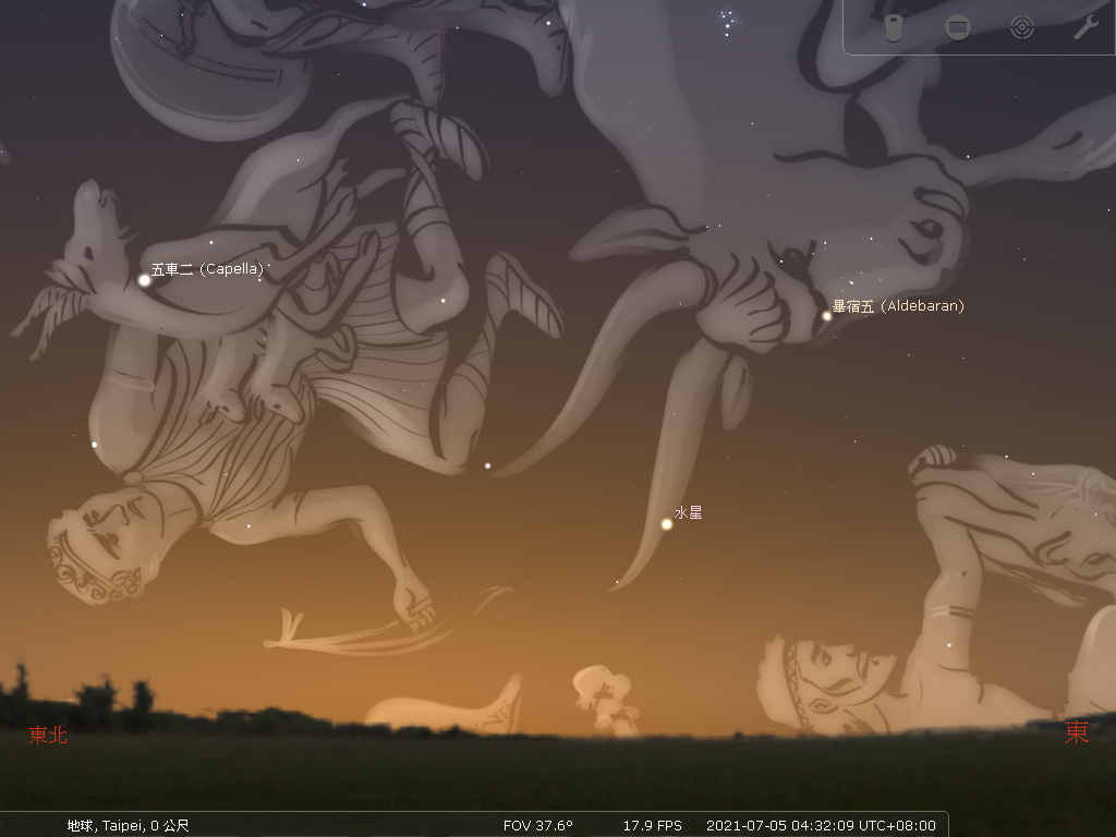 2021年7月5日水星西大距当日清晨4时30分左右示意图。