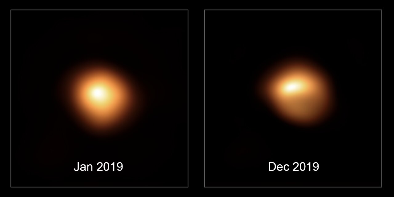 ESO超大望远镜拍摄参宿四变暗之前（左）与之后（右）的图像。Credit: ESO/M. Montargès et al.