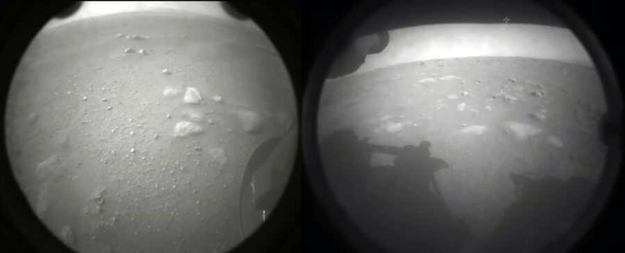 毅力号登陆后传回的第一批照片。这是透过红色滤镜拍摄的影像（图片来源NASA/JPL）。