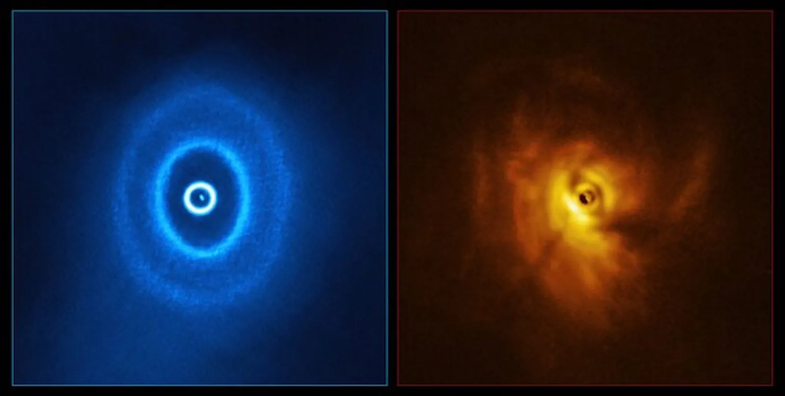 GW Orionis的图像，这是一个三星系统，其周围的尘埃环上有一个神秘的缺口。天文学家假设，在这个缺口中存在一颗巨大的行星，这将是有史以来发现的第一颗围绕三颗恒星运行的行星。左图由ALMA望远镜提供，显示了圆盘的环状结构，最内环与圆盘的其余部分分离。右图的观测结果显示了在圆盘其余部分的最内环的阴影。