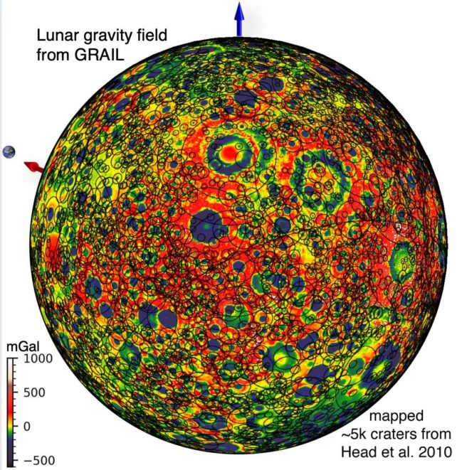 GRAIL所提供的月球重力分布图，可见密密麻麻的陨石坑。