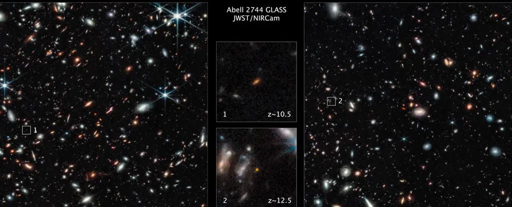 Abell 2744星系团的外围有两个星系红移值达到了10.5及12.5，是先前韦伯太空望远镜拍摄的目标之一。