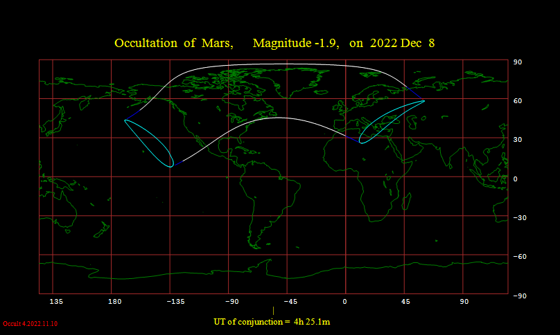 2022年12月8日满月掩火星冲可见区域地图。图片来源：Occult4