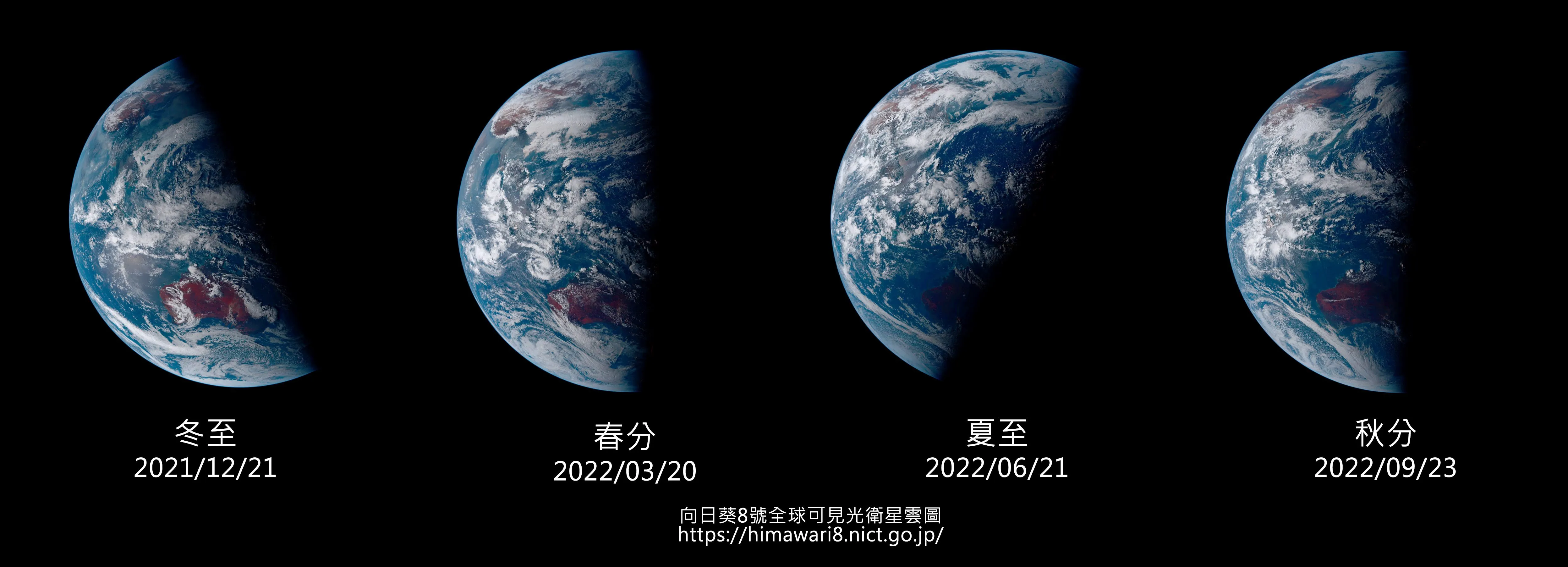过去一年中的四大至点，由向日葵8号人造卫星所拍摄。