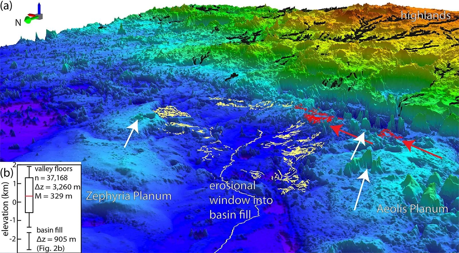 研究团队公布35亿年前的Aeolis Dorsa地貌图，显示远古时期海滨线的证据。