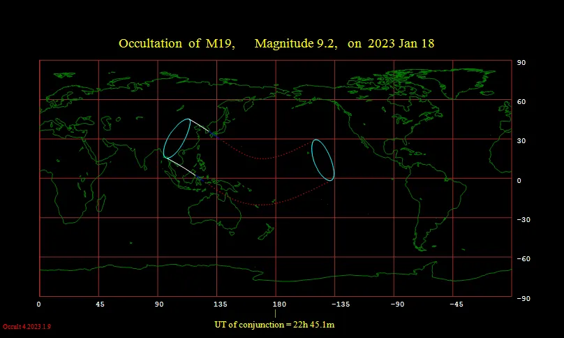 2023年1月19日凌晨月掩M19球状星团可见区域地图。图片来源：Occult4