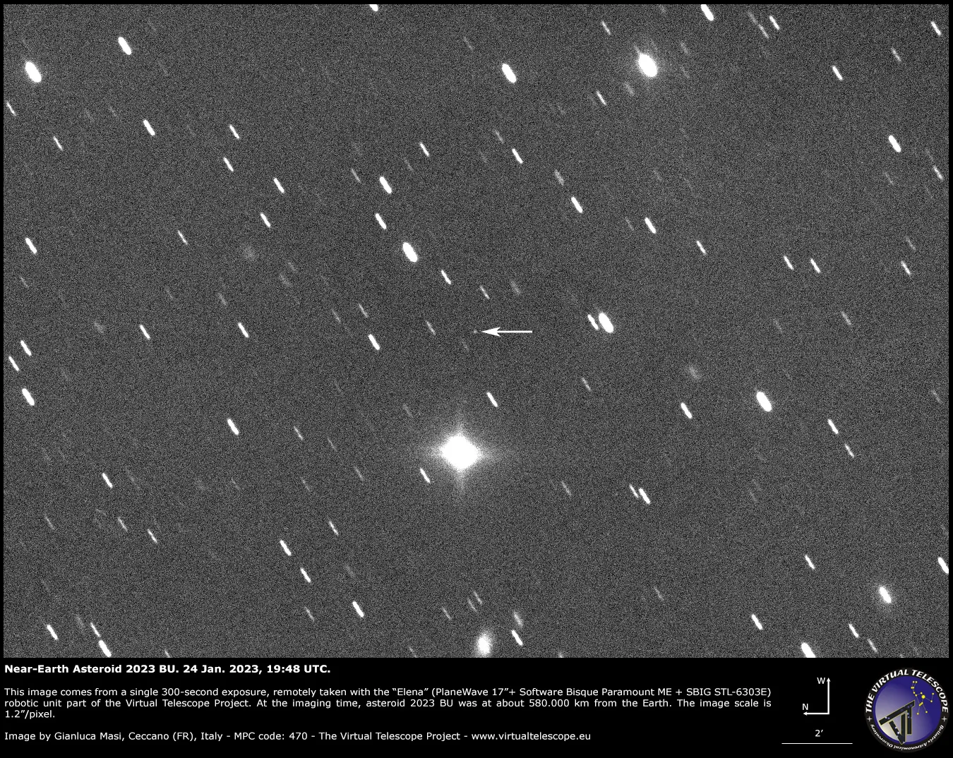 小行星2023 BU实际影像。影像来源：Virtual Telescope Project