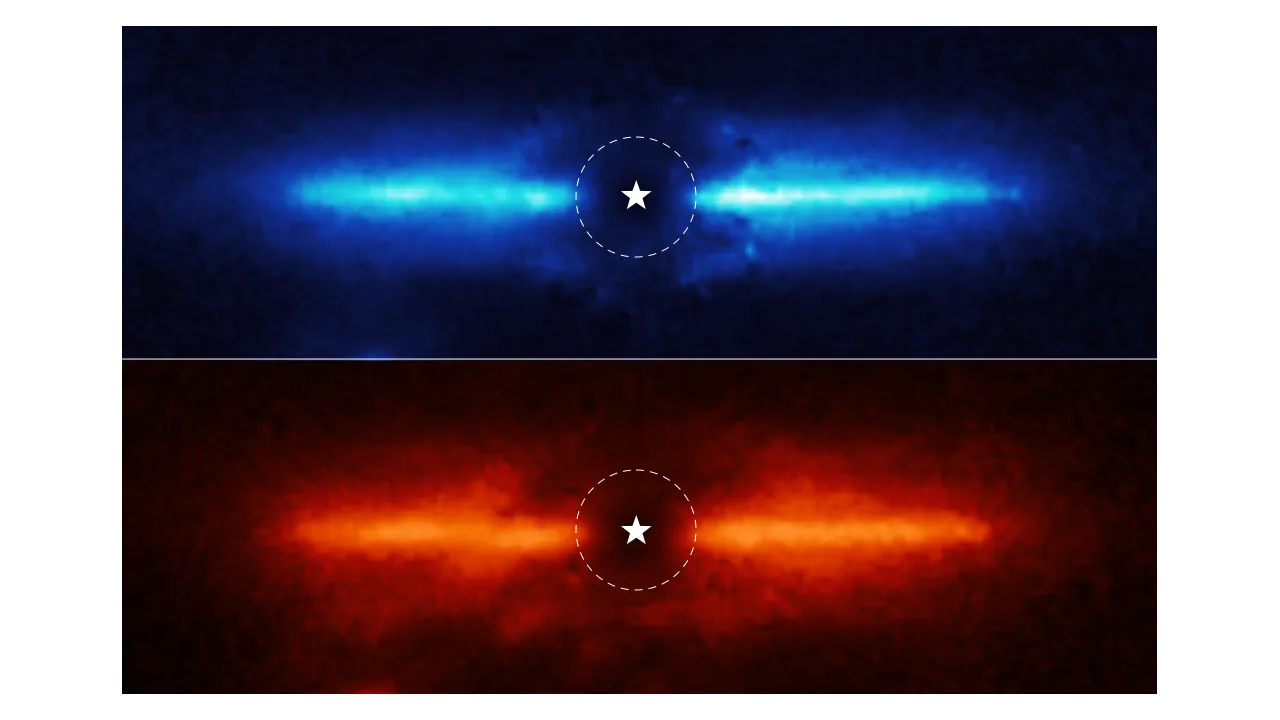 这两张分别是AU Mic周围的尘埃盘在3.56微米（蓝）和4.44微米（红）的影像。恒星的位置以白色星图标记，被日冕仪遮挡的区域则用虚线圆圈表示。图片来源：NASA, ESA, CSA, and K. Lawson (Goddard Space Flight Center)