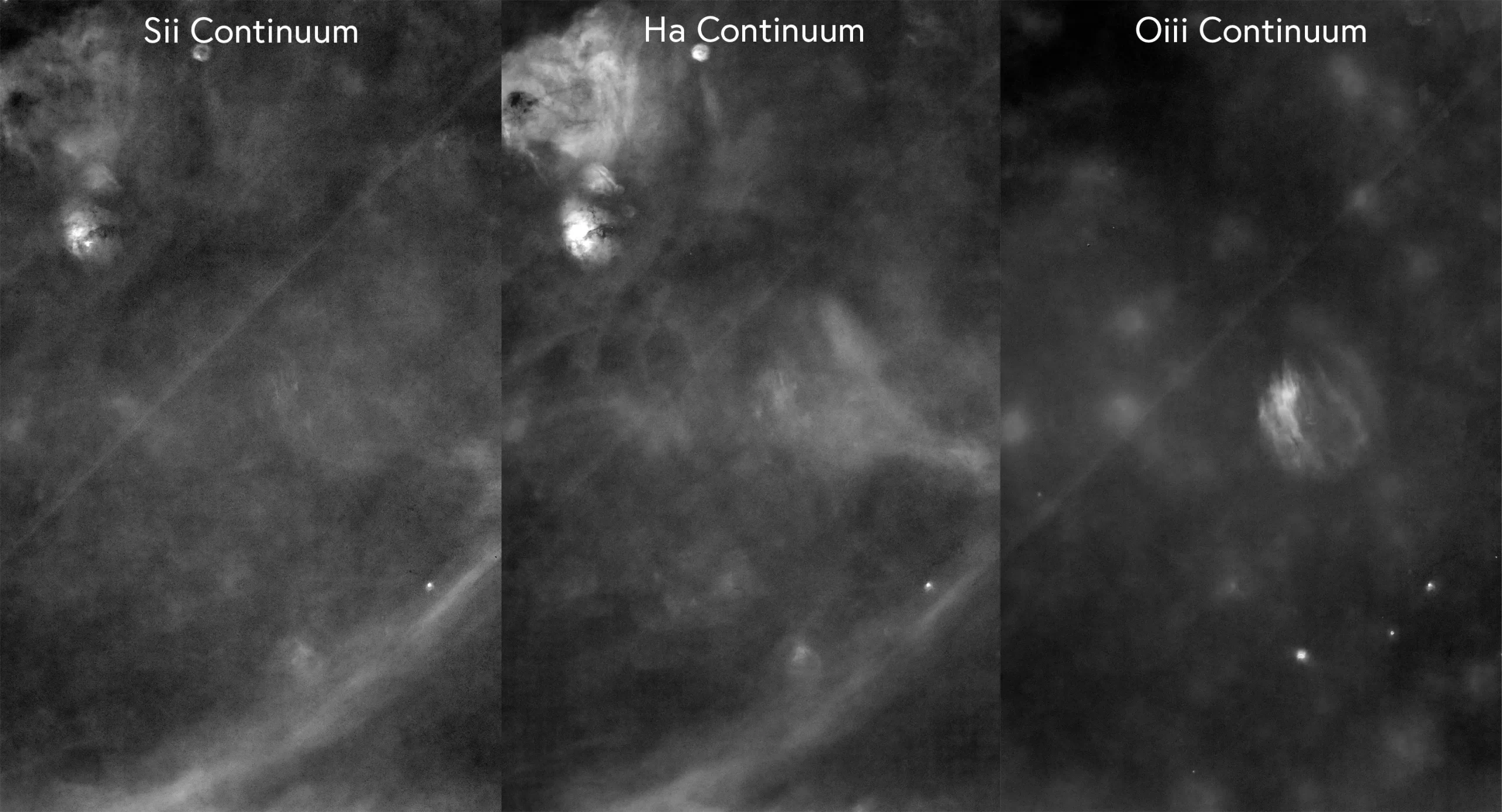 凯伯水晶星云在各个窄频滤镜中的影像亮度。显现该星云在其他发射谱线并没有出现，只有在[O III]特别明显。Here is an analysis of the Sii, Ha, and Oiii continuum images.