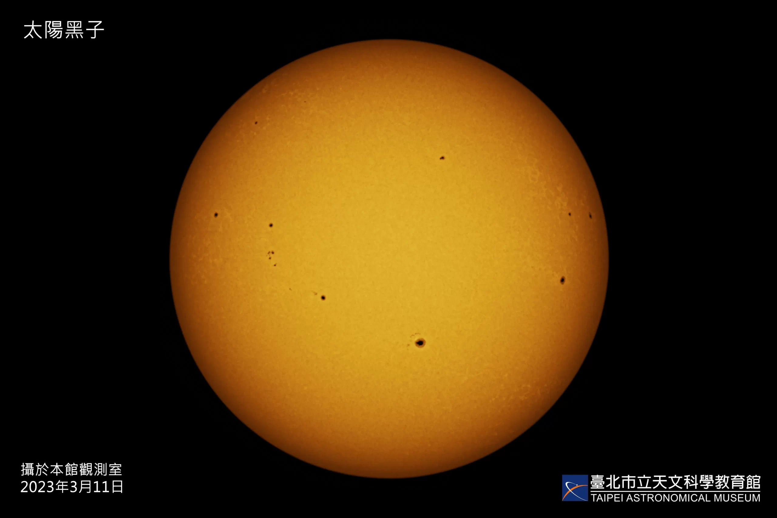 2023年3月11日台北天文馆拍摄的太阳表面，可以见到太阳黑子数量明显增加。
