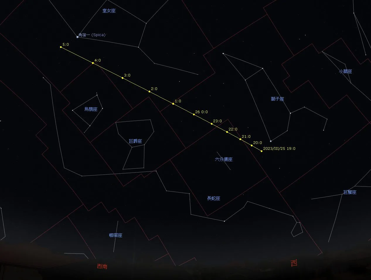 2023年3月25日晚上至3月26日凌晨期间，2023 DZ2在天空中的飞掠轨迹。
