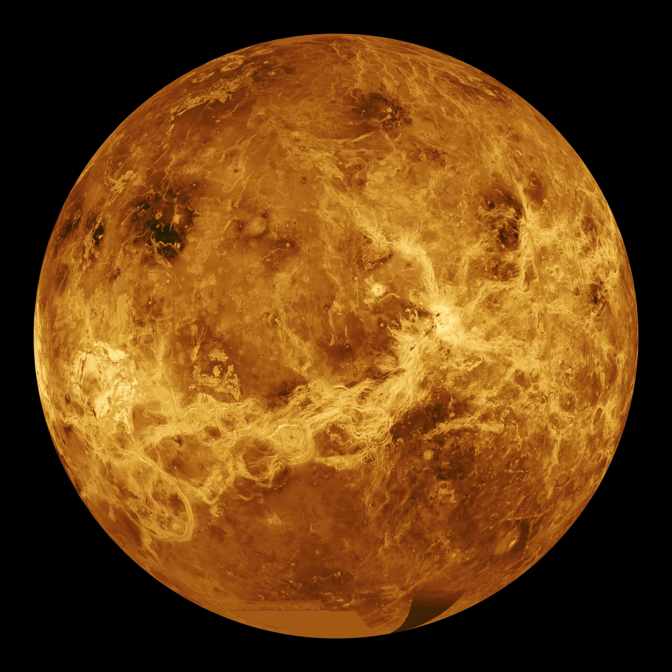 由麦哲伦号金星探测器所建立的金星表面地形图。来源：JPL