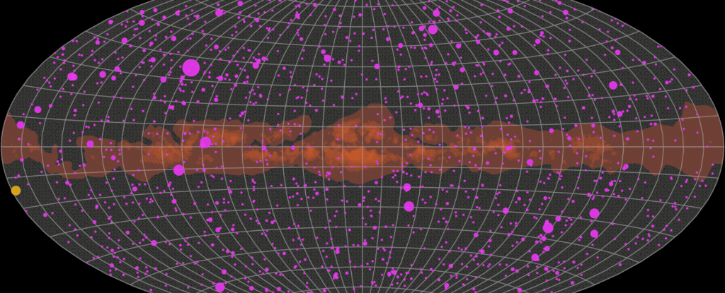 此为费米望远镜一年来对伽马射线天空观测的动画。An animation representing a year's worth of Fermi observations of the gamma-ray sky. (NASA’s Marshall Space Flight Center/Daniel Kocevski)