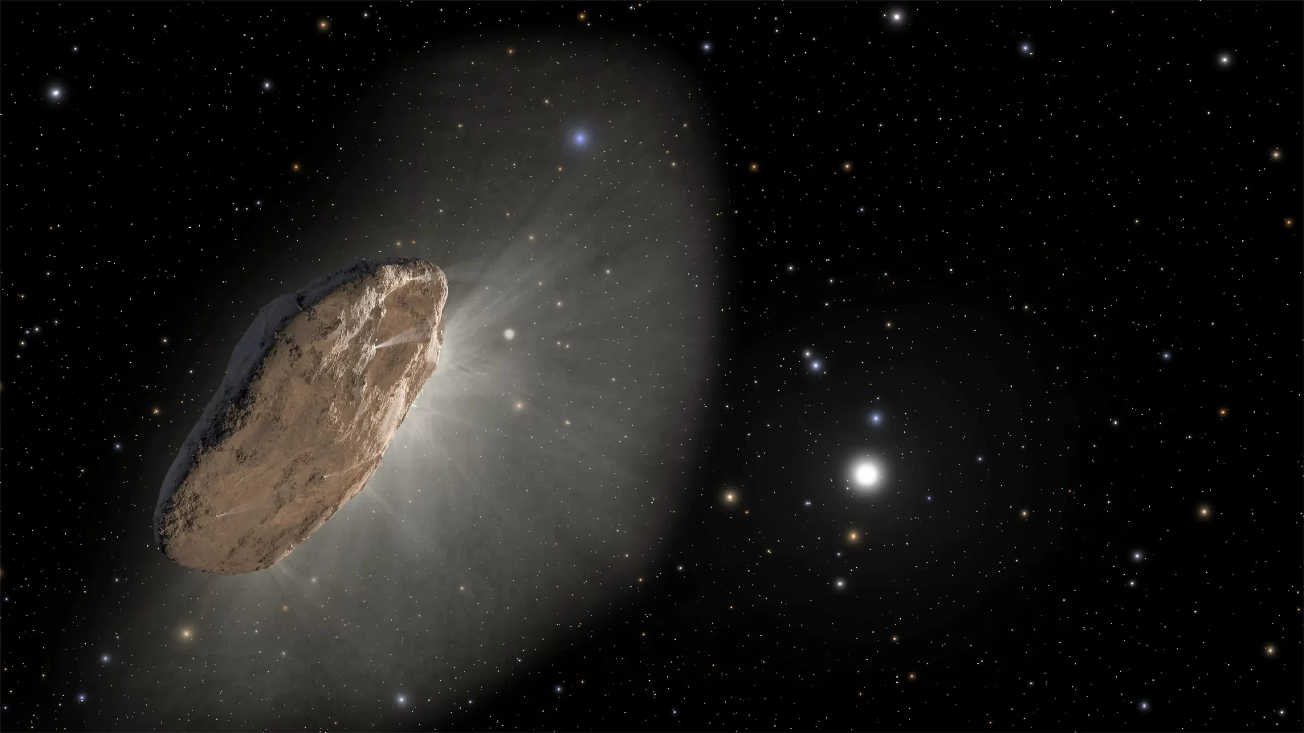 艺术家对'Oumuamua的描绘，它在接近太阳时变暖并释放出氢气，这将略微改变其轨道。此彗星是除了尘埃颗粒之外，第一个从另一颗恒星造访我们太阳系的已知天体。图片来源：NASA, ESA and Joseph Olmsted and Frank Summers of STScI