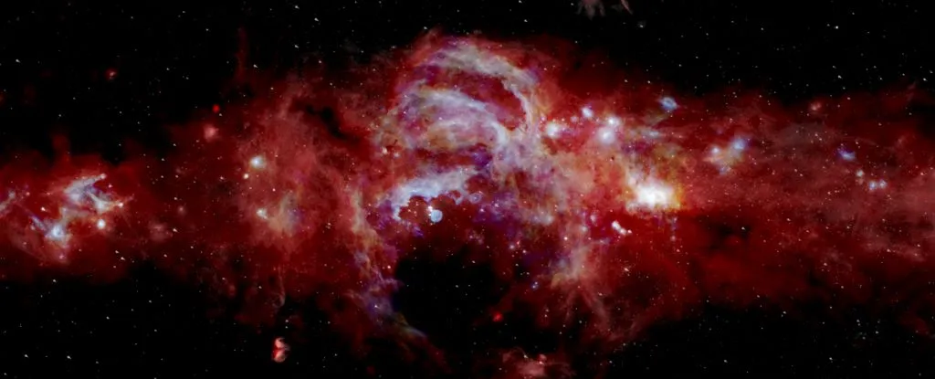 银河中心的红外图像。An infrared view of the galactic center. (NASA/SOFIA/JPL-Caltech/ESA/Herschel)