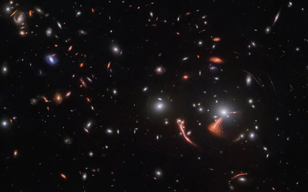 被称为「宇宙海马」的重力透镜星系团，位于后发座。来源：詹姆斯·韦伯太空望远镜。