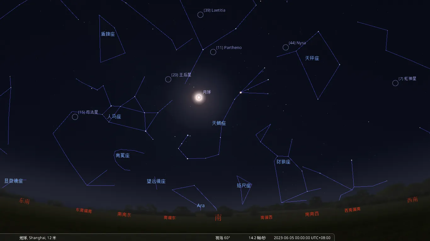 2023年6月5日0时，南方附近天空。Stellarium 23.1