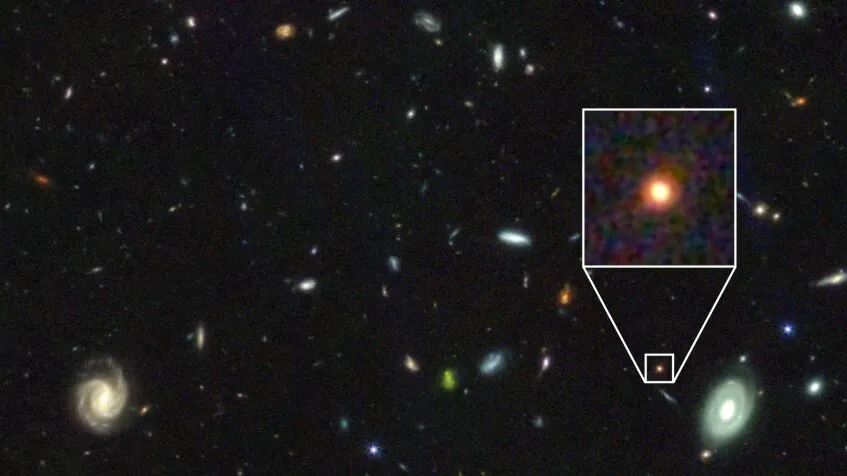 韦伯太空望远镜所拍摄的GS-9209。GS-9209 observed by the James Webb Space Telescope next to other galaxies. Credit: Nature (2023). DOI: 10.1038/s41586-023-06158-6