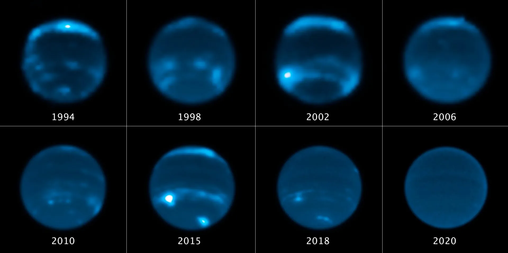 哈勃太空望远镜记录了海王星大气云量的变化过程，其中，亮度越高的部分表示云量愈多。This sequence of Hubble images chronicles the waxing and waning of the amount of cloud cover on Neptune. Image credit: NASA / ESA / Erandi Chavez, UC Berkeley / Imke de Pater, UC Berkeley.