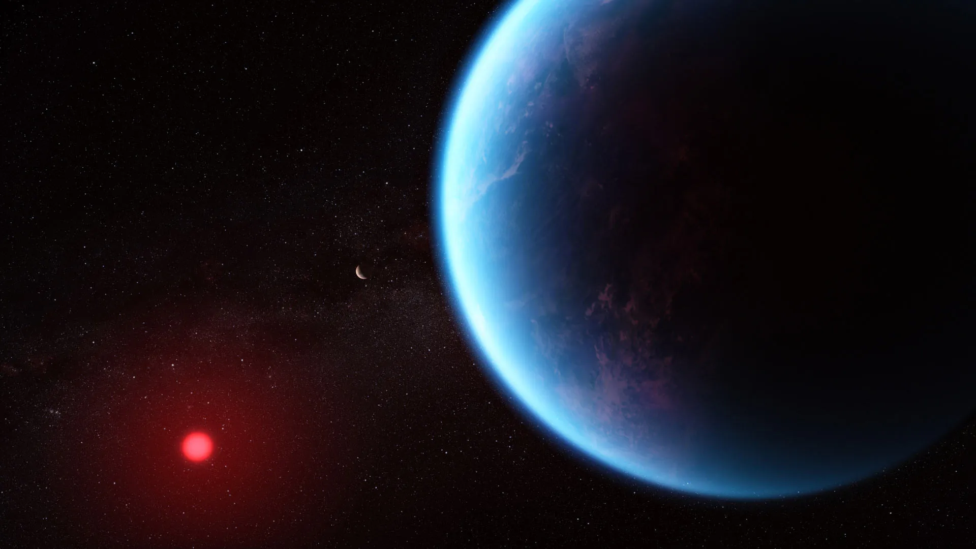 艺术家对K2-18行星系统的想像。An artist’s impression of the K2-18 planetary system. Image credit: NASA / ESA / CSA / J. Olmsted, STScI / N. Madhusudhan, University of Cambridge.