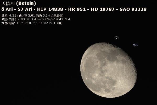 2023年10月2日天阴四与月亮复出时的相对位置。