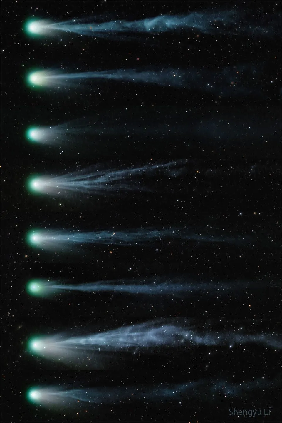 由天文摄影师Shengyu Li拍摄，庞士-布鲁克斯彗星自3月6日至14日期间彗尾外形的变化图。因彗核不定期喷出气体尘埃且不断旋转，造成庞士-布鲁克斯彗星的形状不断改变。影像来源：NASA